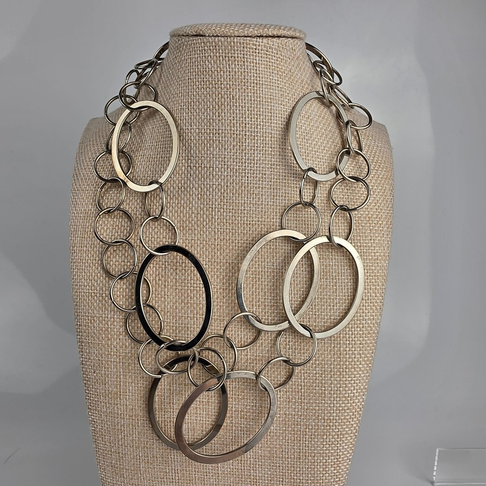 Vintage JJ Extra Long Tone Silver Tone Statement Necklace Chunky Link Chain‎